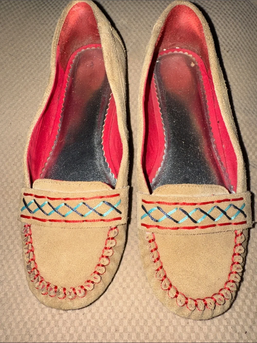 LandsEnd Tan Suede Moccasins Red Interior Multicolor Stitching Girls Size 4 Kids